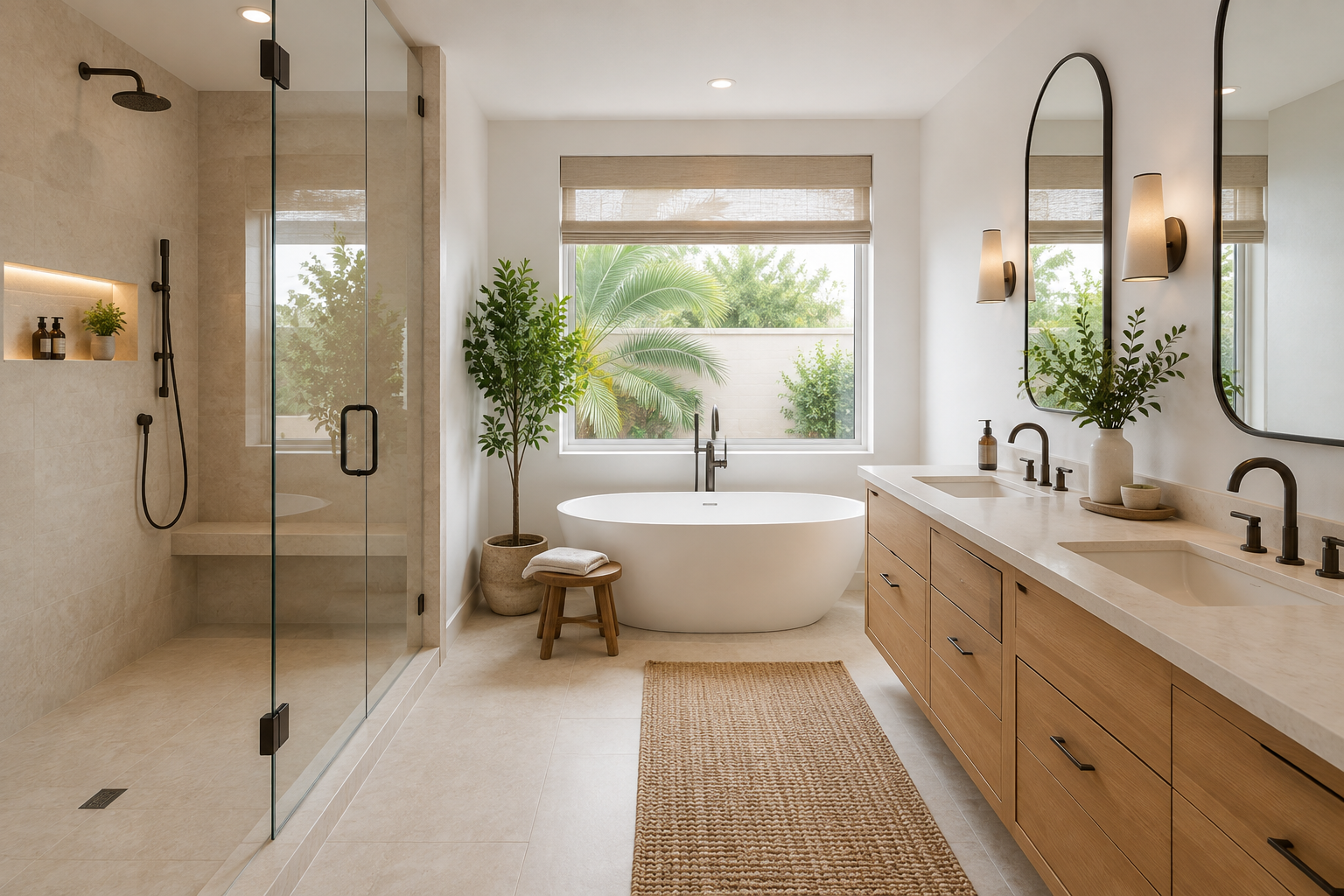 Los Angeles-style bathroom design concept with an oak double vanity, freestanding bathtub, and glass walk-in shower